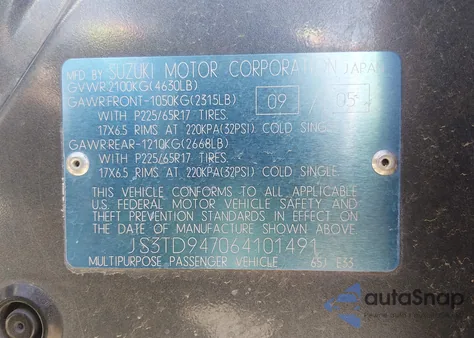 2006 Suzuki Grand Vitara Luxury z USA, uszkodzony, nr VIN JS3TD947064101491